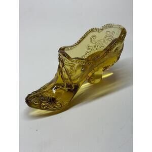 Vintage Mosser Honey Gold Art Glass Slipper/Shoe – Lattice, Vine & Bow Pattern